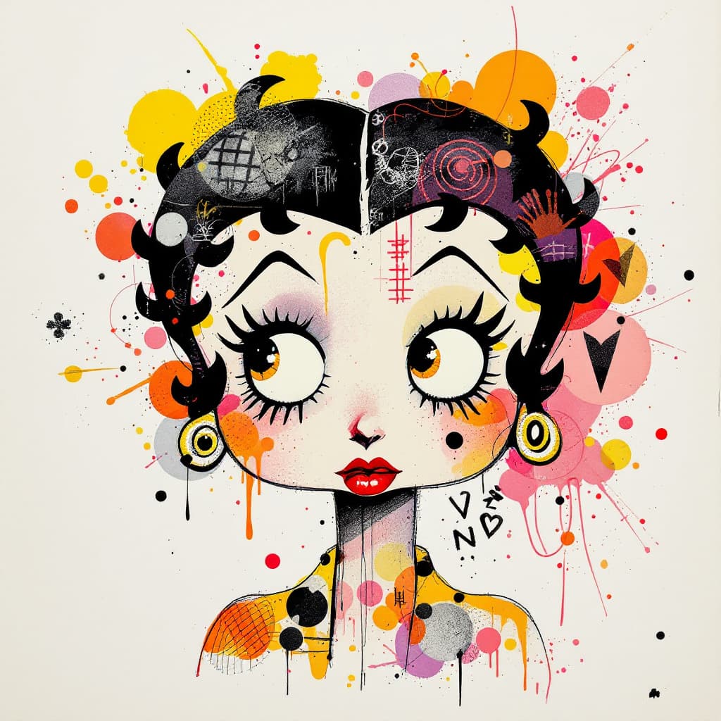 AI generated: A mixed media collage featuring Betty Boop figure with expressive eyes, adorned in vibrant patterns ...