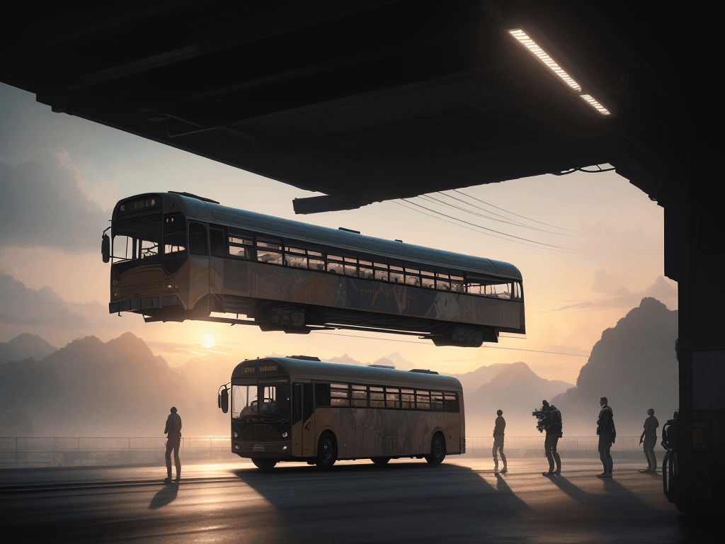 AI generated: Photo of a ultra realistic autobus with 4 guys under his platform, dramatic light, pale sunrise, cin...