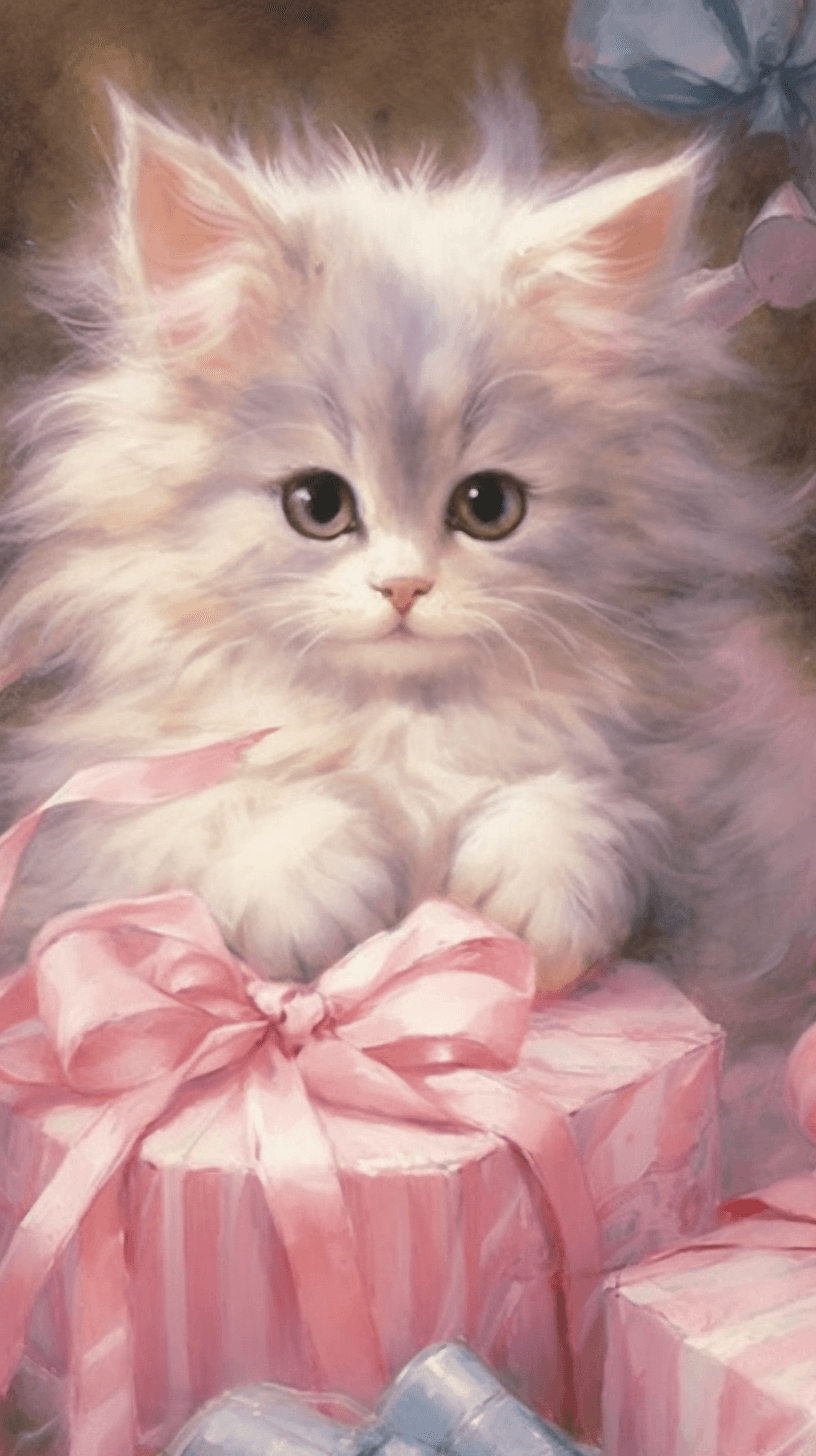 AI generated: A playful tiny kitten, in a cute pink bow, with fluffy cotton candy accessories, pastel colors, whim...