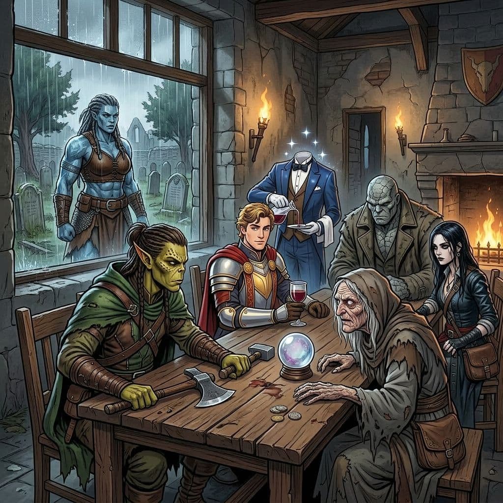 AI generated: a male githzerai fighter keeps an eye on an old blind hag as he sits at a table across from her, wit...