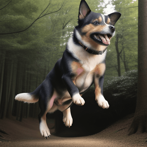 AI generated: High resolution dog stiker 3 as realistic as possible, with eyes of joy, jumping in a forest in Japa...