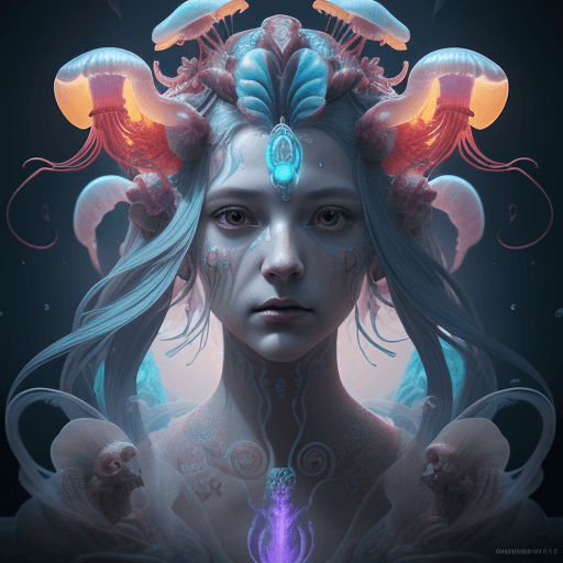 AI generated: Goddess close-up portrait ribcagel. jellyfish phoenix head, nautilus, orchid, skull, betta fish, bio...