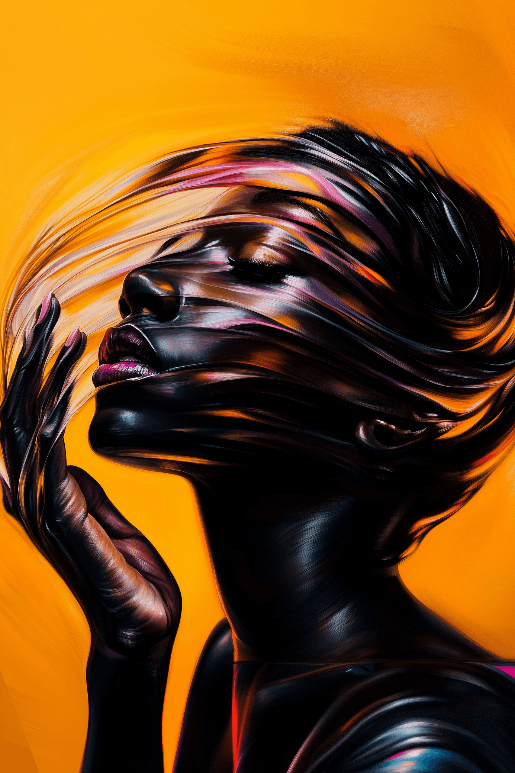 AI generated: an abstract, surreal portrait with a highly fluid and glossy texture. The subject's head and hand ar...