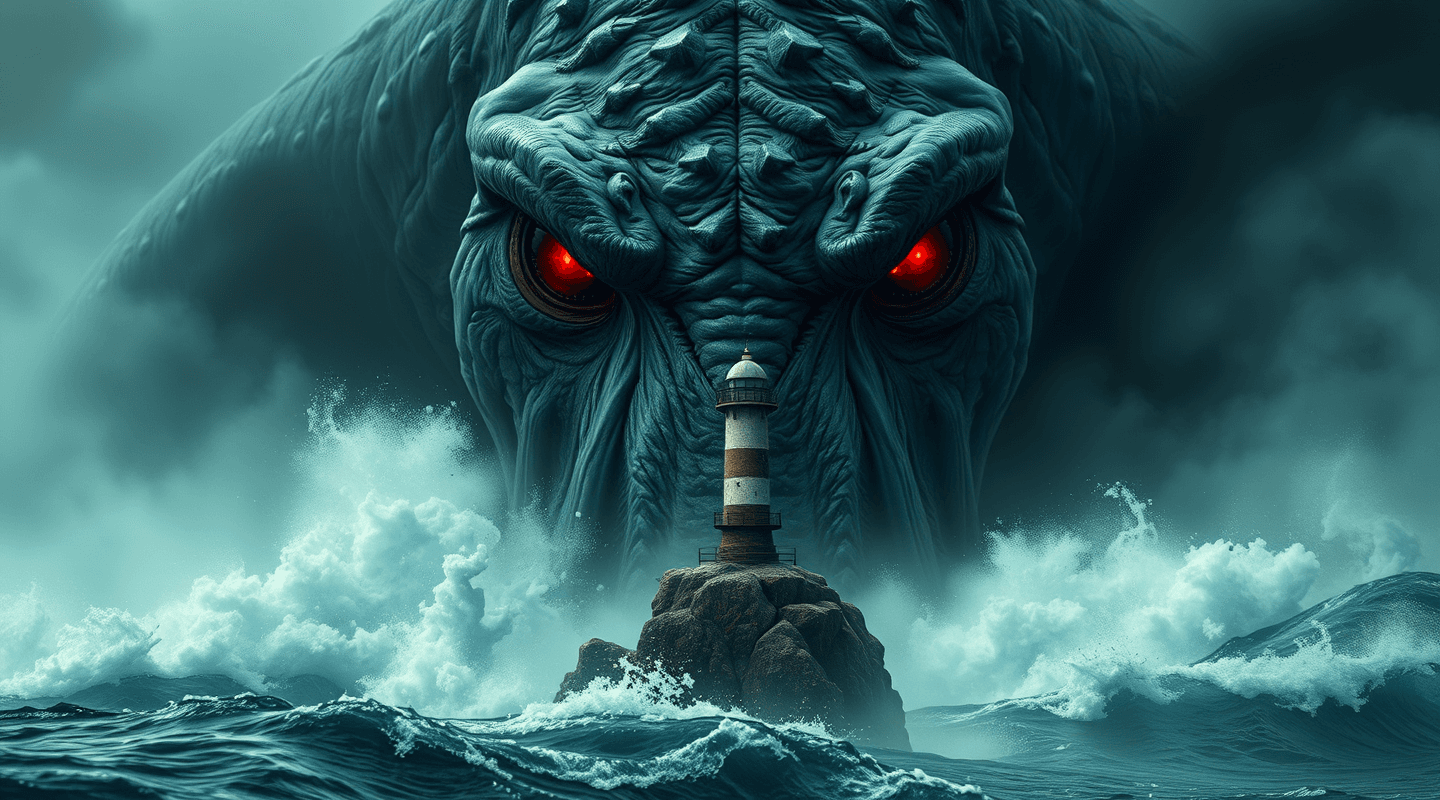 AI generated: RAW portrait photograph of Cthulhu bulky antropomorphic body, red ruby ferocious eyes, sinister mega...