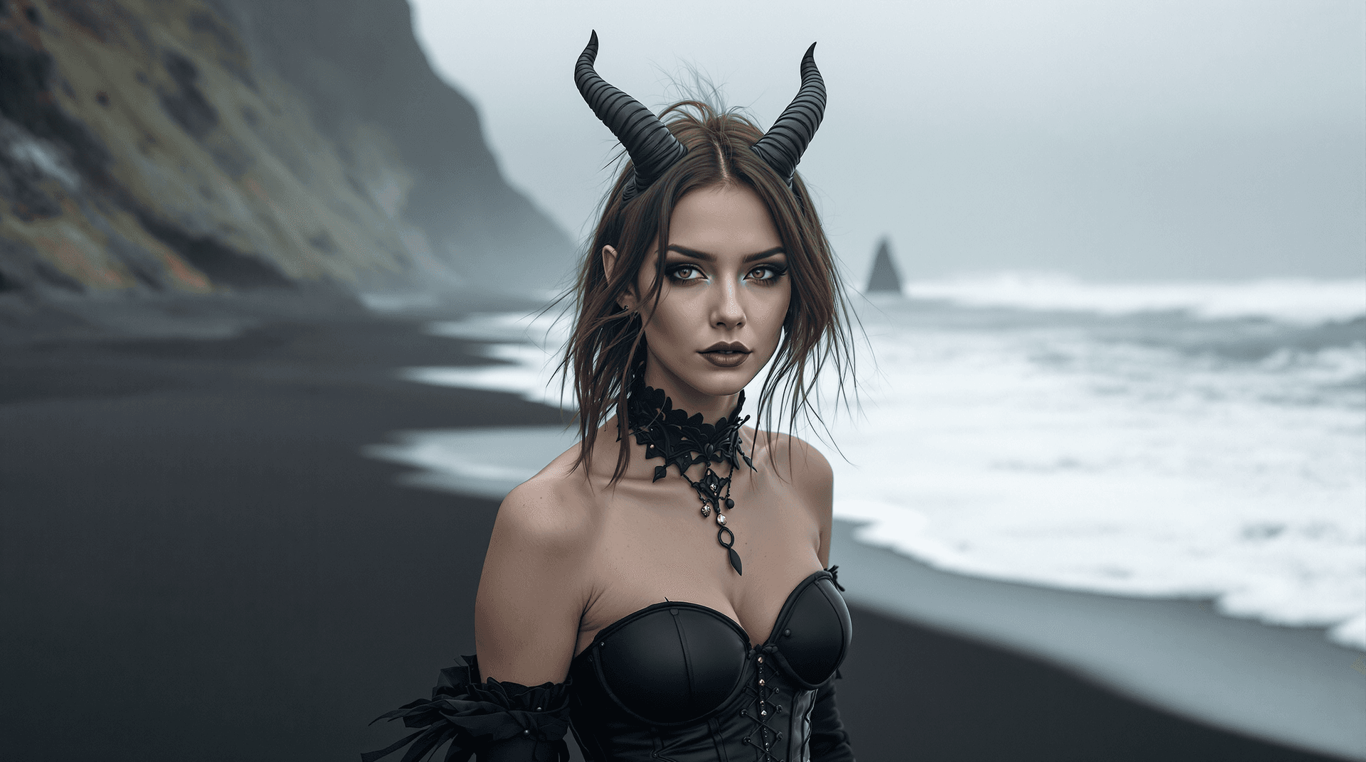 AI generated: Distant view, wide angle photo of A female Cambion (more human than demon look, age: early 20) human...