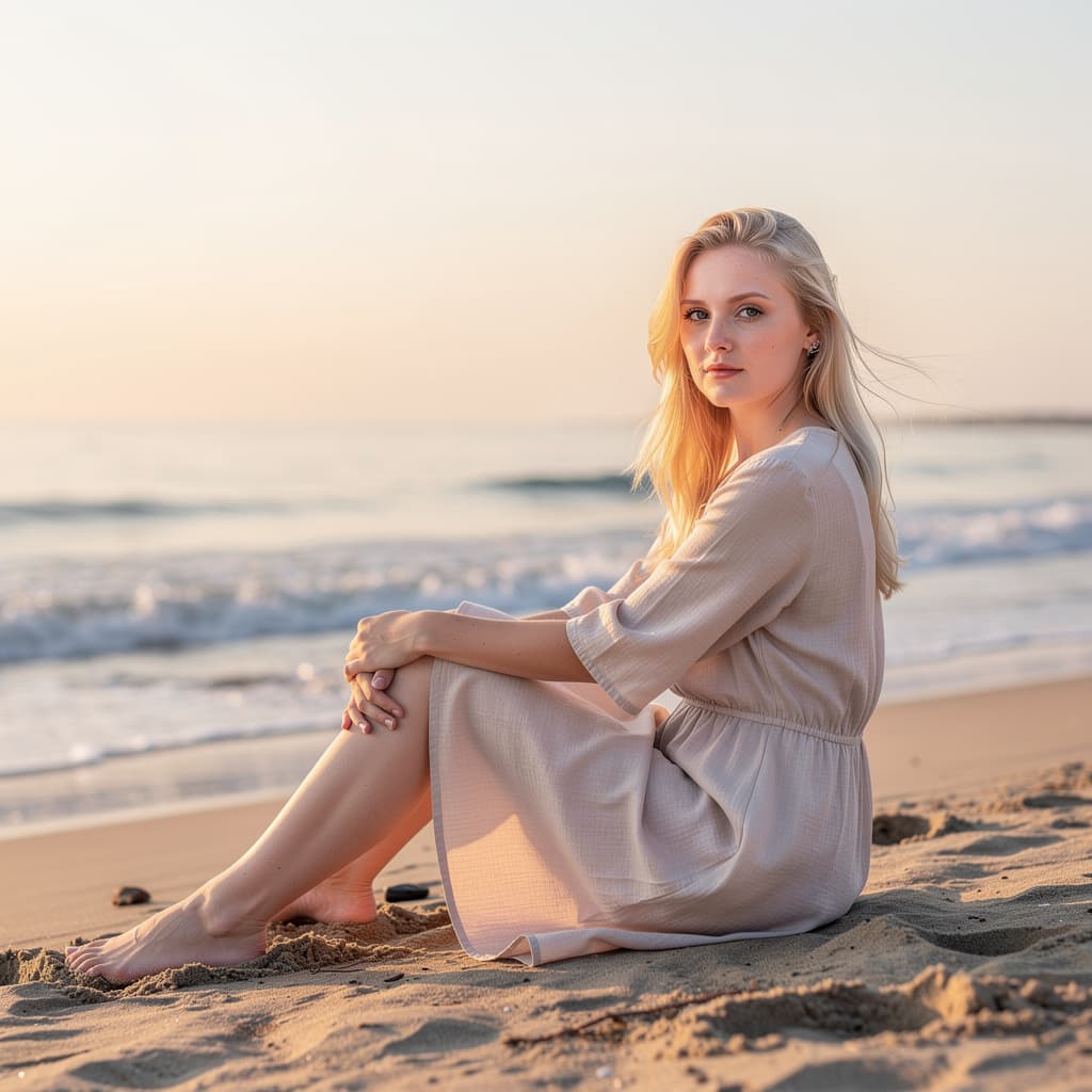 AI generated: a young blonde female with pale skin.. sat on the beach
. legs spread open to eother side of her bod...