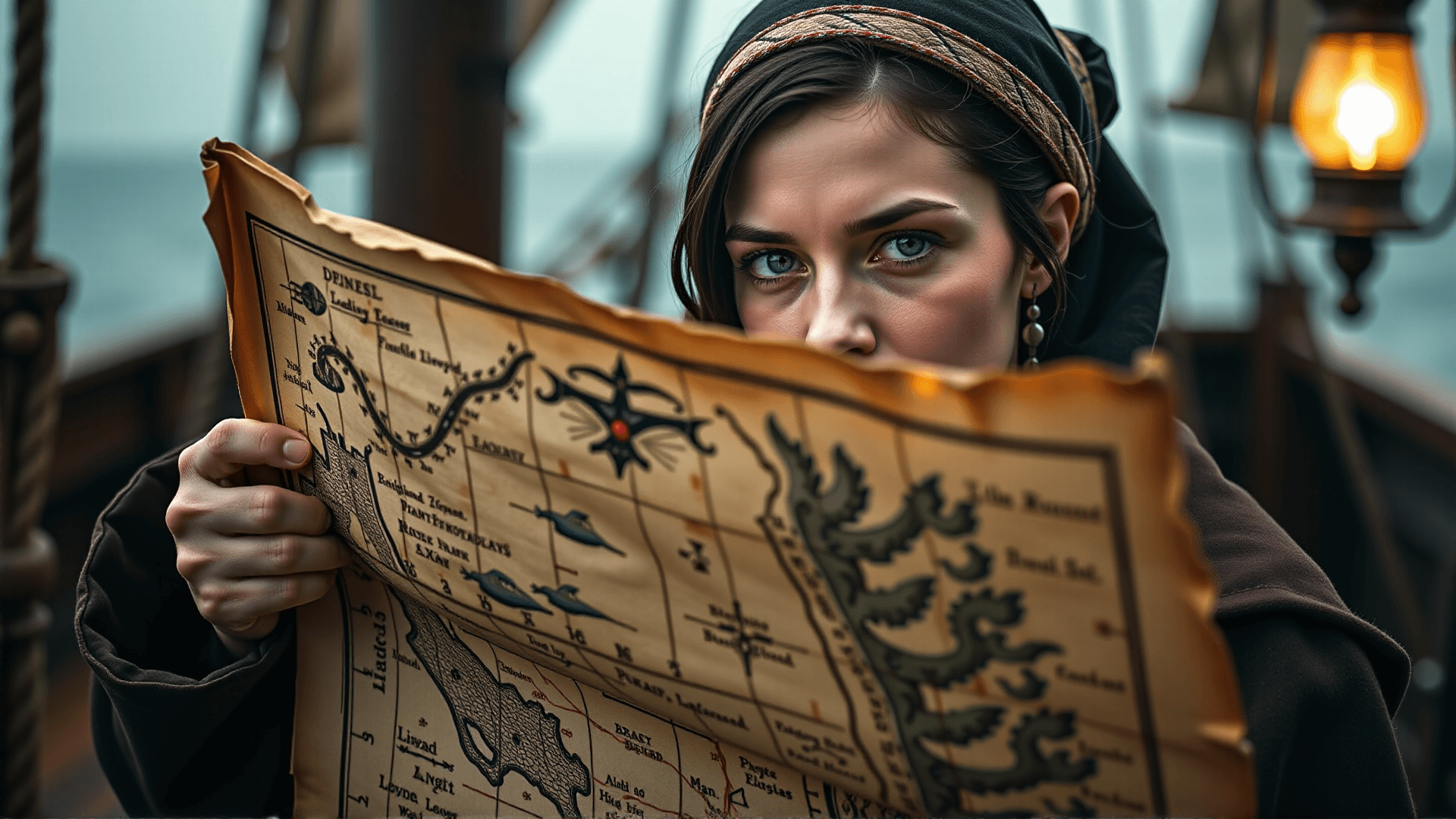 AI generated: An intimate close-up portrait of Mary Read, taking a moment of rare calm on the deck of the Pirate S...