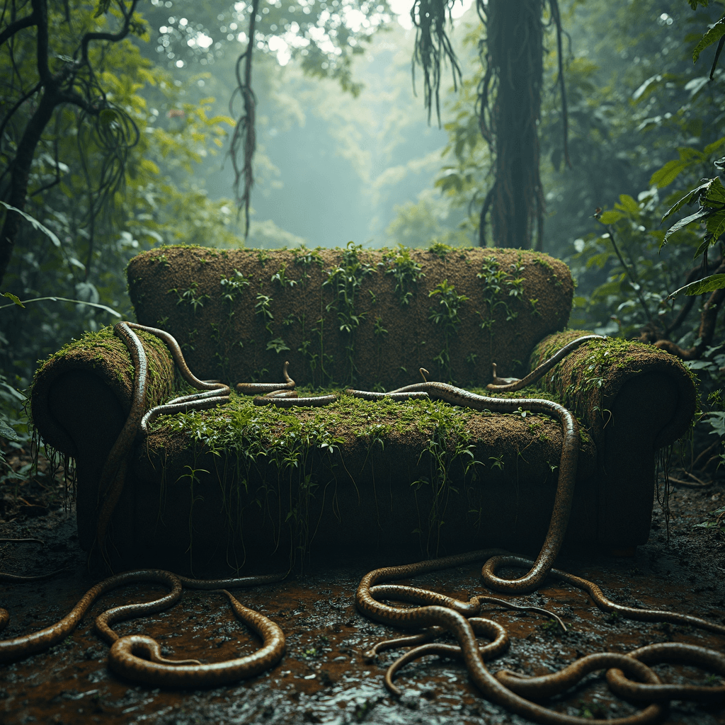 AI generated: Amid the endless rain and fog of Ecuador’s jungle, a soft, overgrown sofa rests beneath tangled tree...