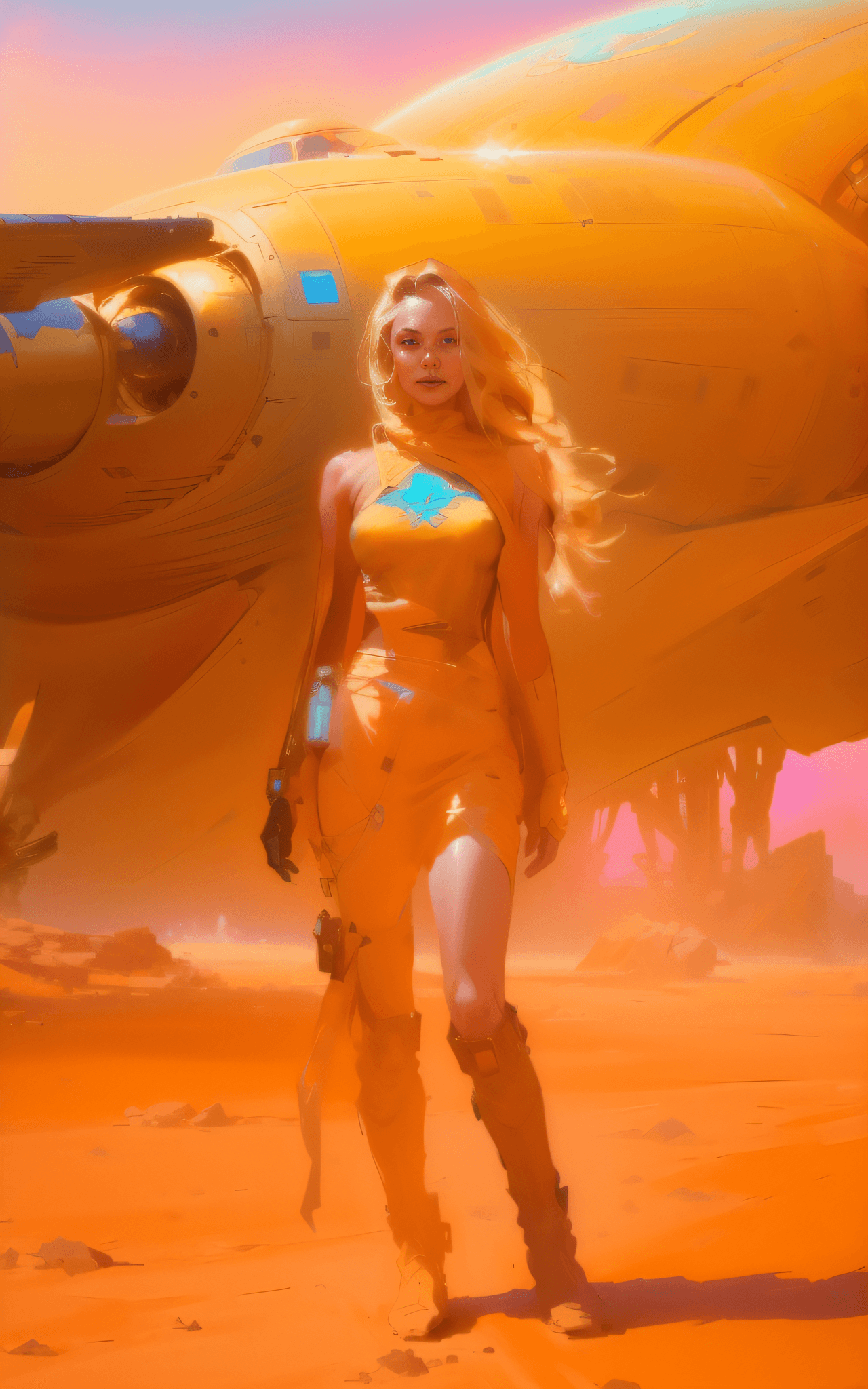 AI generated: a woman standing in front of a large airplane in a desert, sci-fi fantasy art, sci-fi female, scifi ...
