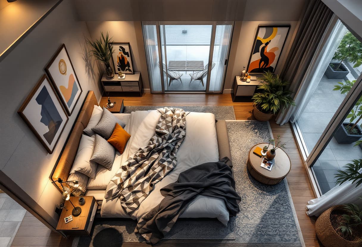AI generated: Modern bedroom interior design, warm and cozy,top view perspective, beautifully decorated with artis...