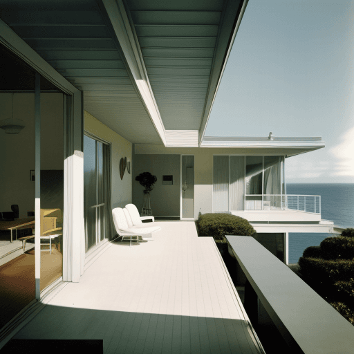 AI generated: Hyper realistic eye level exterior photo of a mid century modern style house overlooking the ocean, ...
