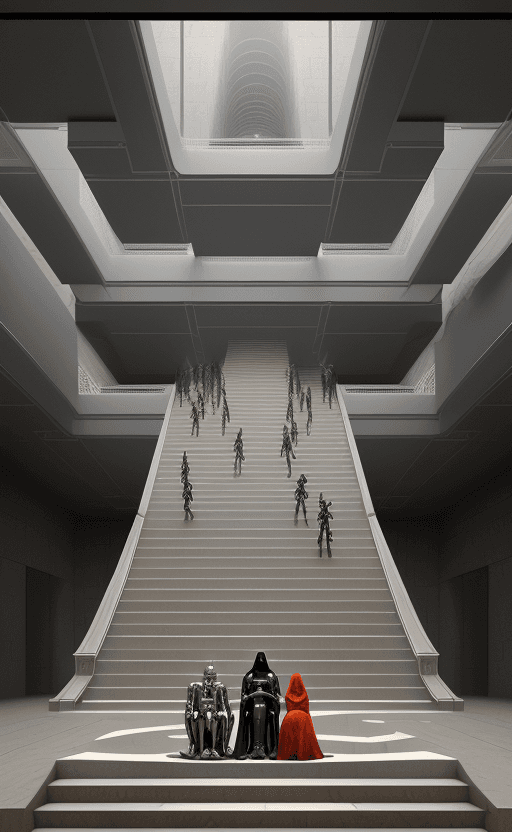 AI generated: Confusion Hi-technology digital robot ai . A maze of stair cases running at different angles and dir...