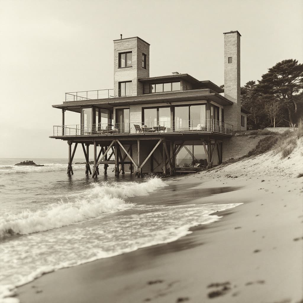 AI generated: create the house bauhaus on the beach, vintage picture