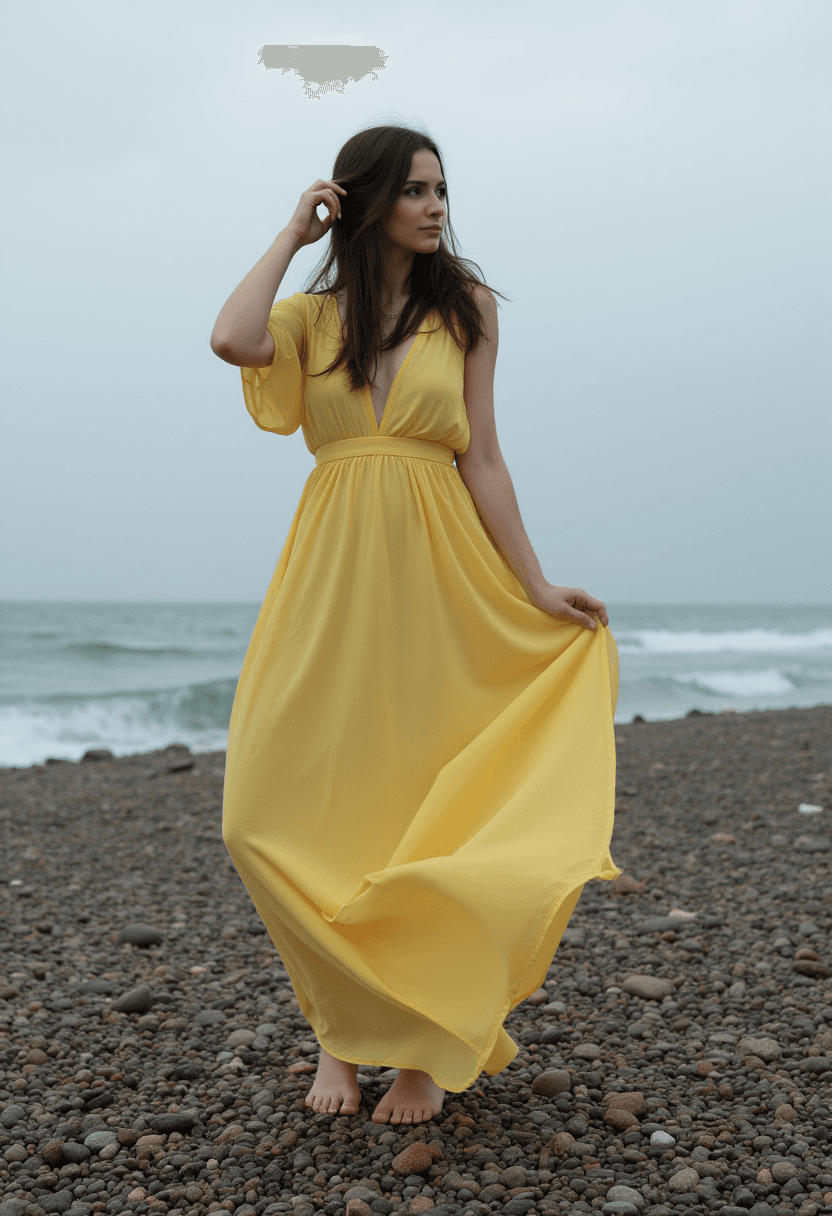 AI generated: a woman wearing a loose yellow evening dress, long brunette hair held by one hand, barefoot, dress b...