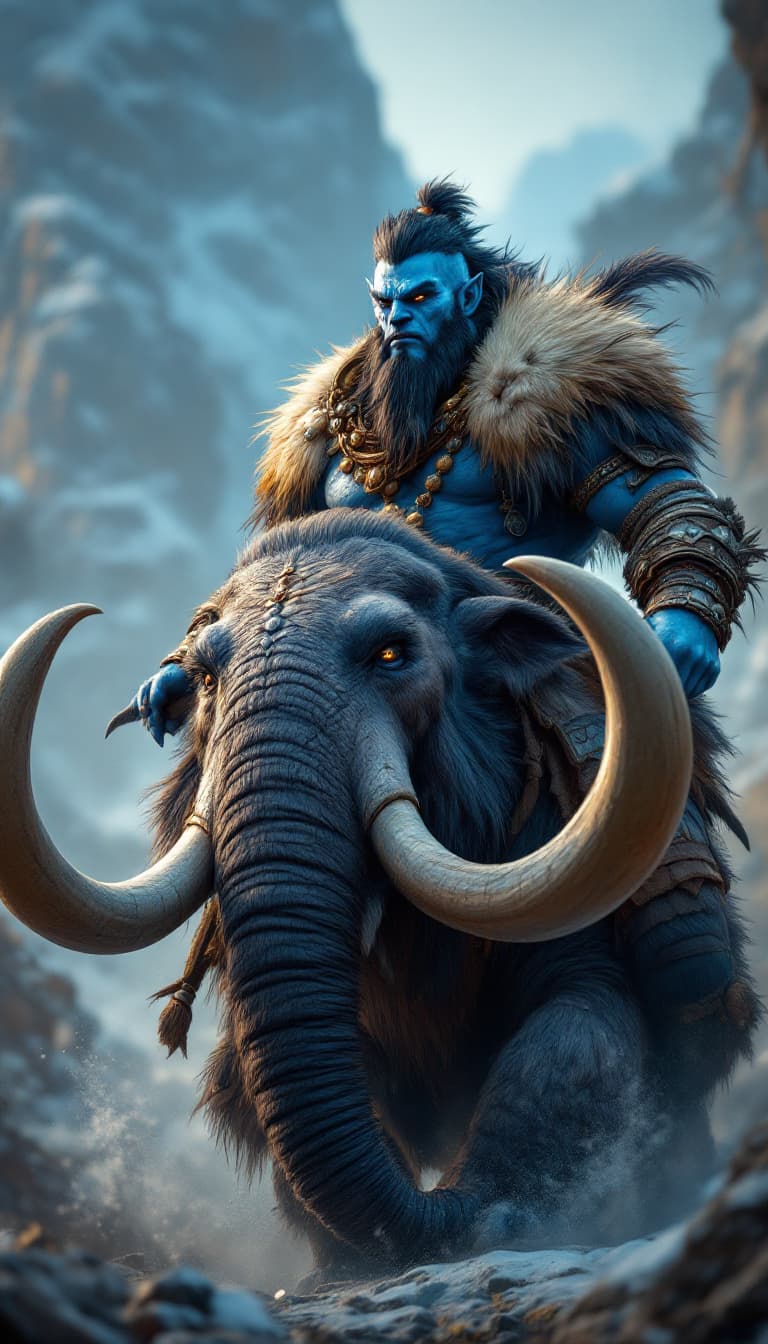 AI generated: A Full Body photo shot of a blue native orc warrior, riding on his majestic sharp tusk mammoth, beau...