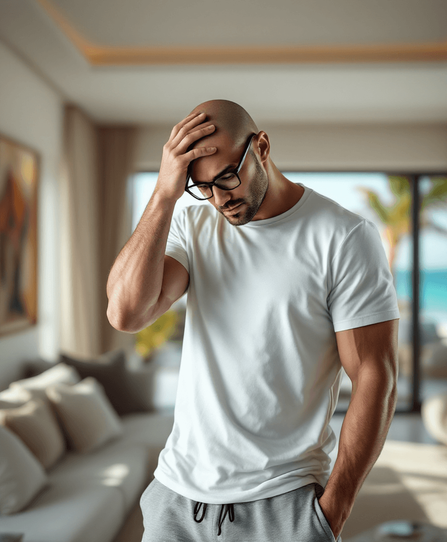 AI generated: Hyper-Realistic, upper body image of a handsome Caucasian bald man, moody, clean face, clean shaved ...