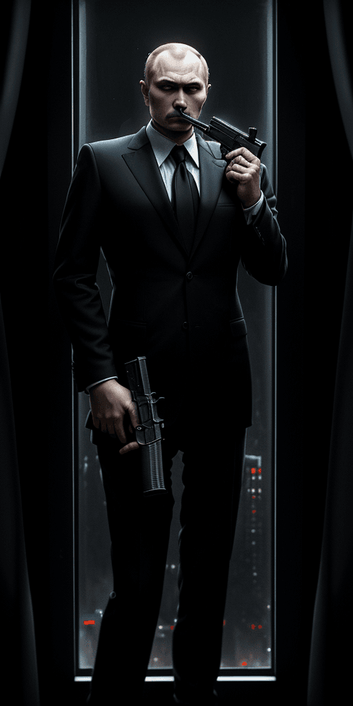 AI generated:  Russian drug lord in a black suit standing next to a window and holding a gun, high resolution, dar...