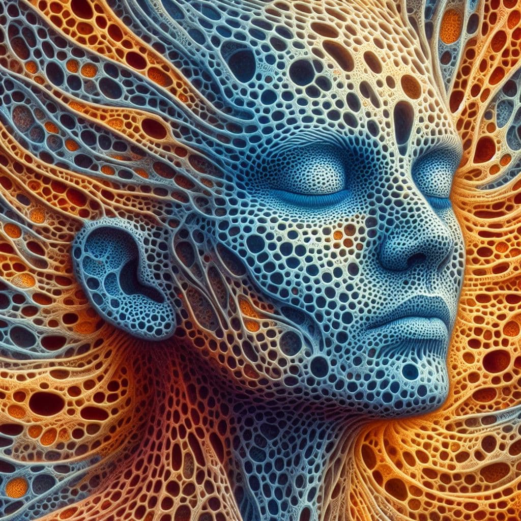 AI generated: An intricate painting of a figure with blue, scale-like skin textures and closed eyes, giving a sere...