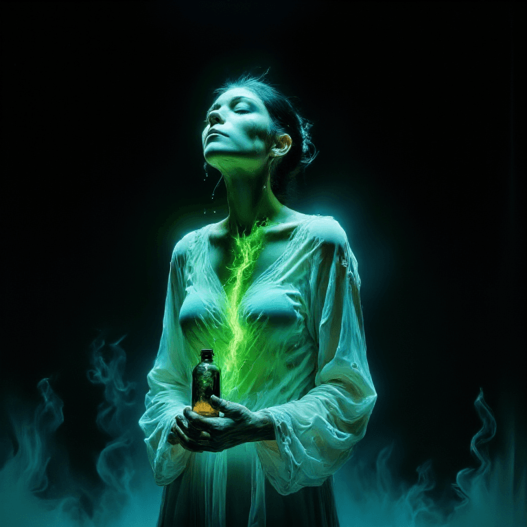 AI generated: A woman stands still in the dim light, her head tilted slightly as a small, ornate vial of poison is...