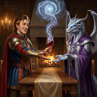 AI generated video: at a medieval party, a handsome and smug knight offering a glass of wine to a silver dragonborn wiza...