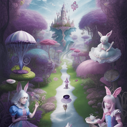 AI generated: "Create an enchanting image depicting Alice in Wonderland and its eclectic cast of characters, inclu...
