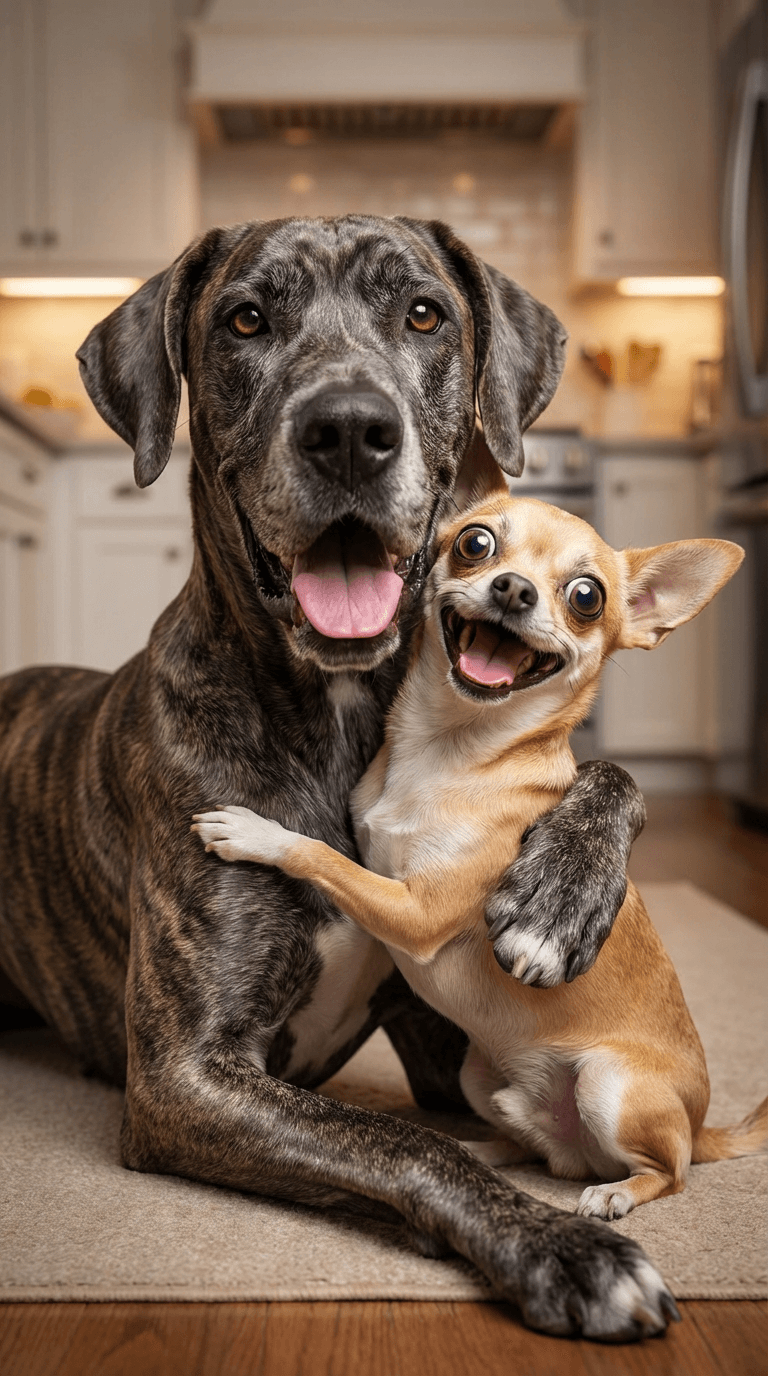 AI generated: un perro gran danes con un chichua de ojos salidos, abrazados y riendo ante la camara