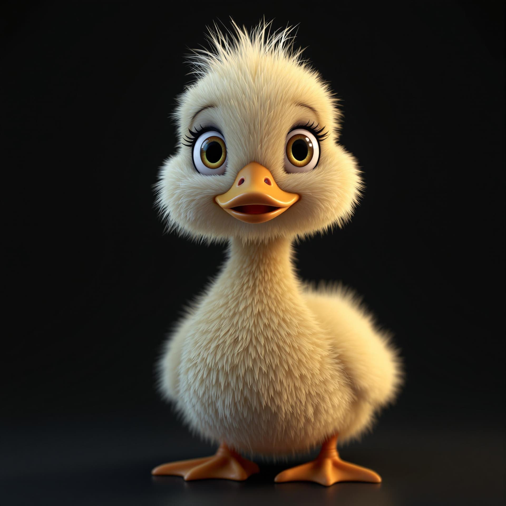 AI generated: 3D Portrait of a A cute and furry duck, big eyes, Dark Background setting, 8k