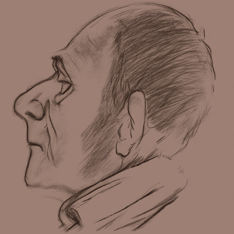 AI generated: Illustration of the profile an old man sitting at the edge of a bed. sketch, cartoon style.