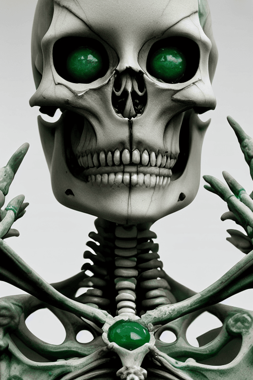 AI generated: ultra detailed marble and jade sculpture of a female necromancer, skeleton face, volumetric fog, Hyp...