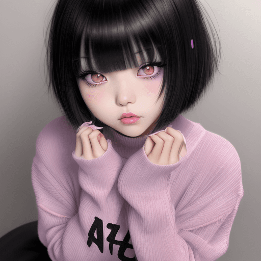 AI generated: Japanese girl, jirai-kei makeup, xiaohongshu makeup, douyin girl, shaggy bangs, shaggy black hair, e...