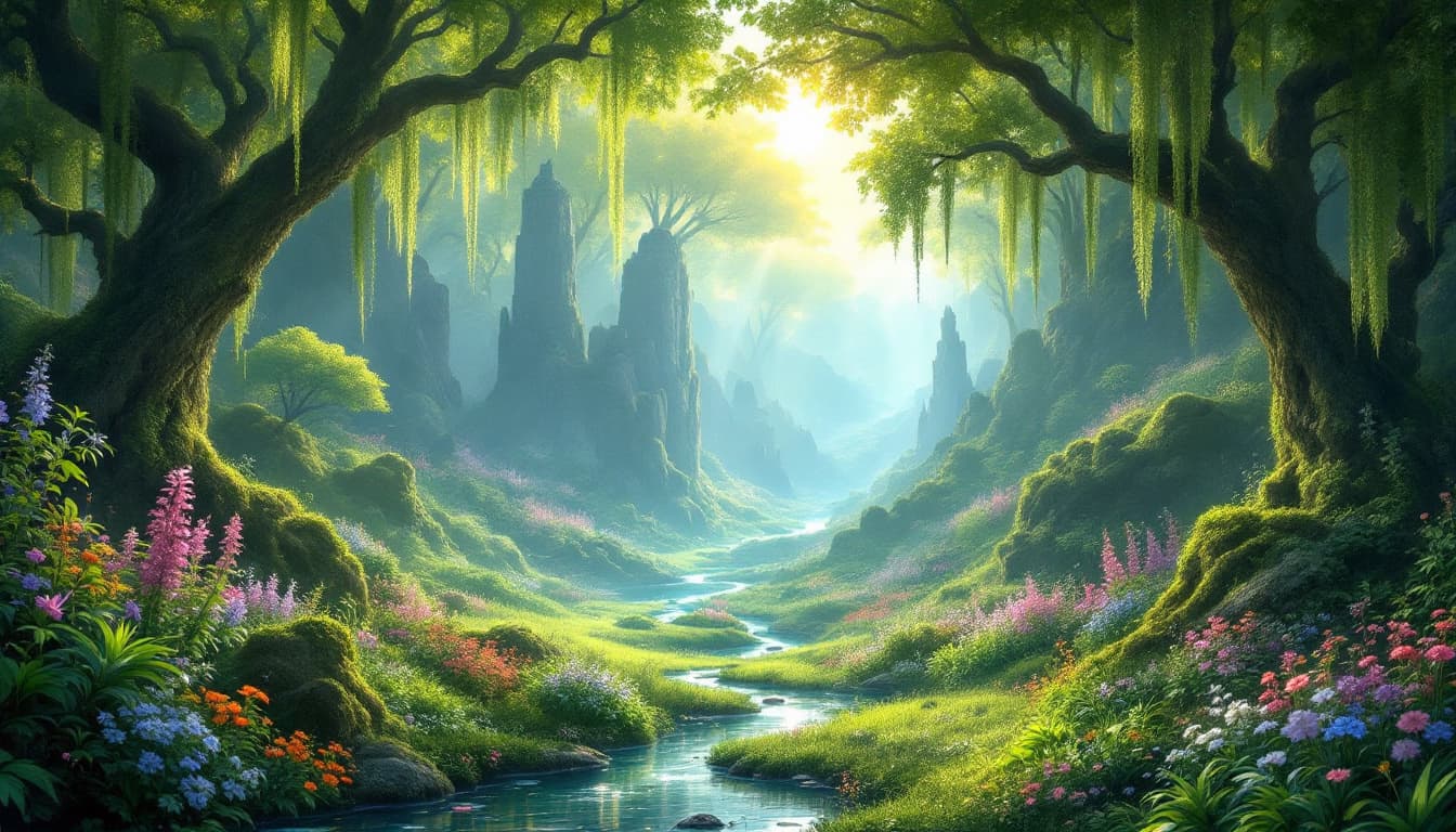 AI generated: Envision a hidden valley nestled within a lush, emerald jungle. The terrain is teeming with vibrant ...