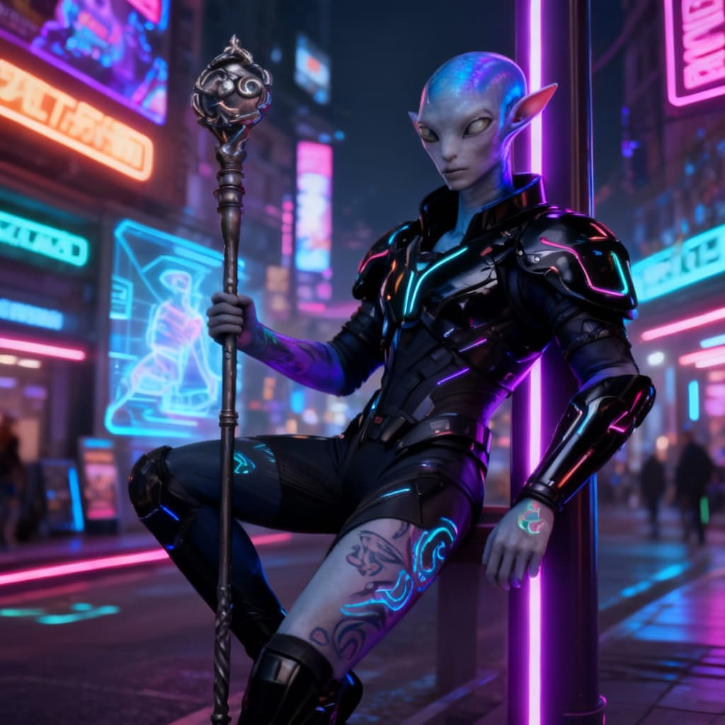 AI generated: Blend anthropomorphic to create a new anthropomorphic, alien hybrid. Give a Nightlife backdrop, and ...