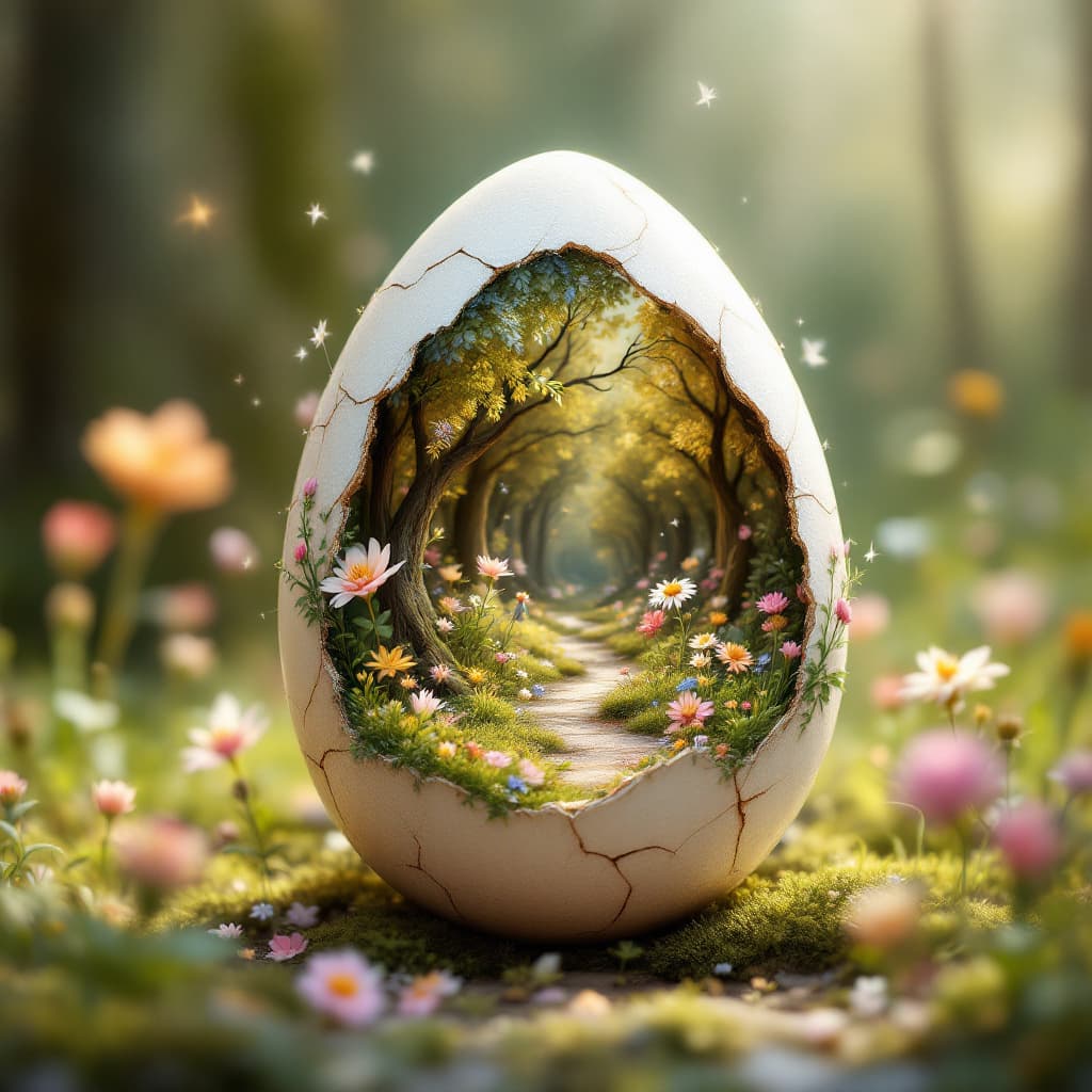 AI generated: Fantasy realism illustration | Cracked pastel Easter egg with hand-painted Edith Holden-style flower...