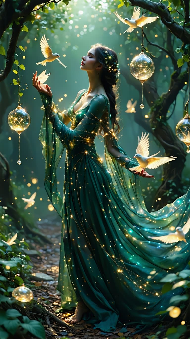 AI generated: A majestic, ethereal woman, her gown woven from constellations and golden vines, stands in an enchan...