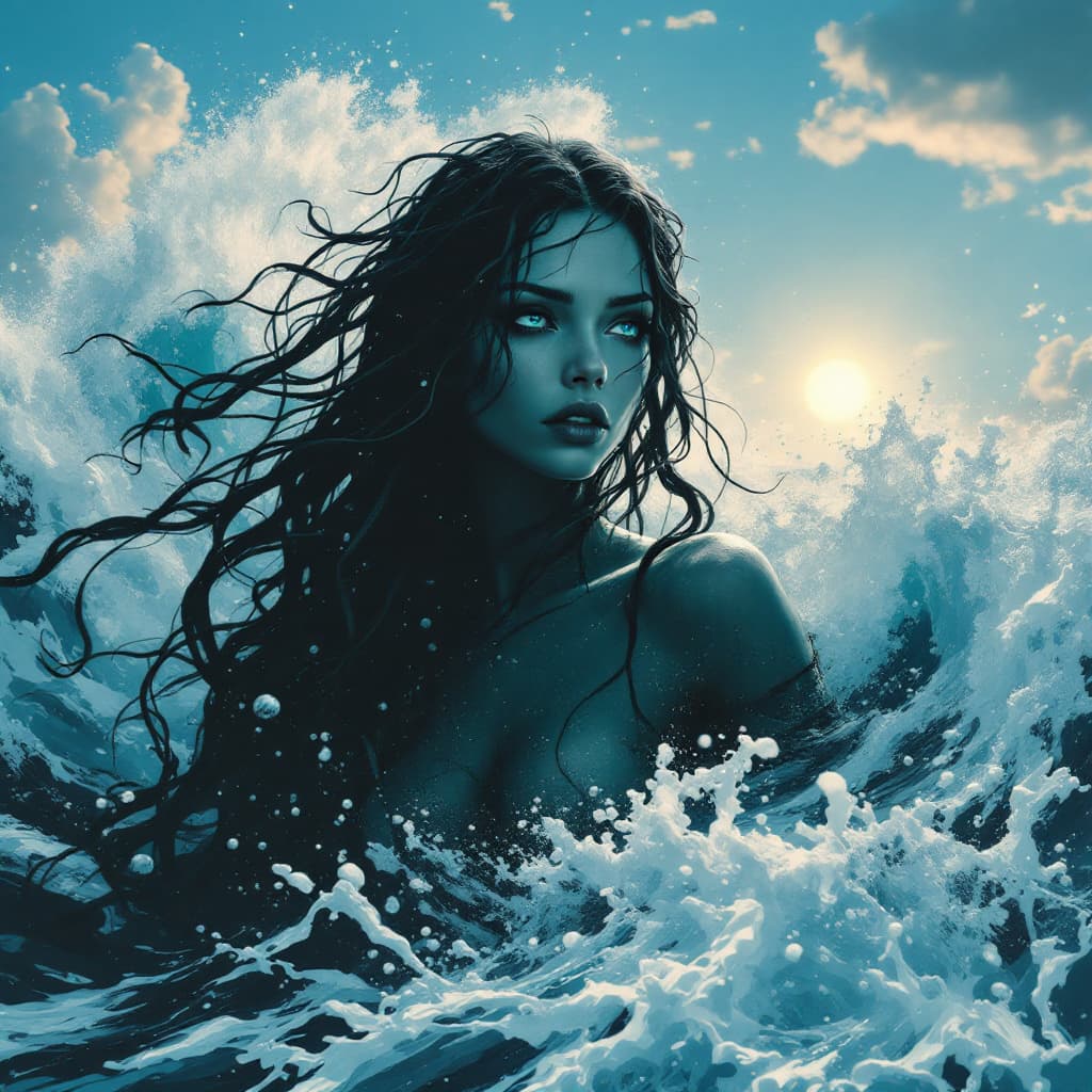 AI generated: Tall full-length enigmatic woman long shot foam colored skin, deep dark blue eyes and captivating ga...