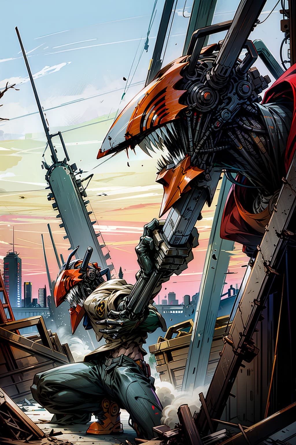 AI generated: (masterpiece), best quality, <lora:csm_denji-10:0.8>, Mecha, <lora:OG_Mecha:0.8>, chainsaw arms, Den...