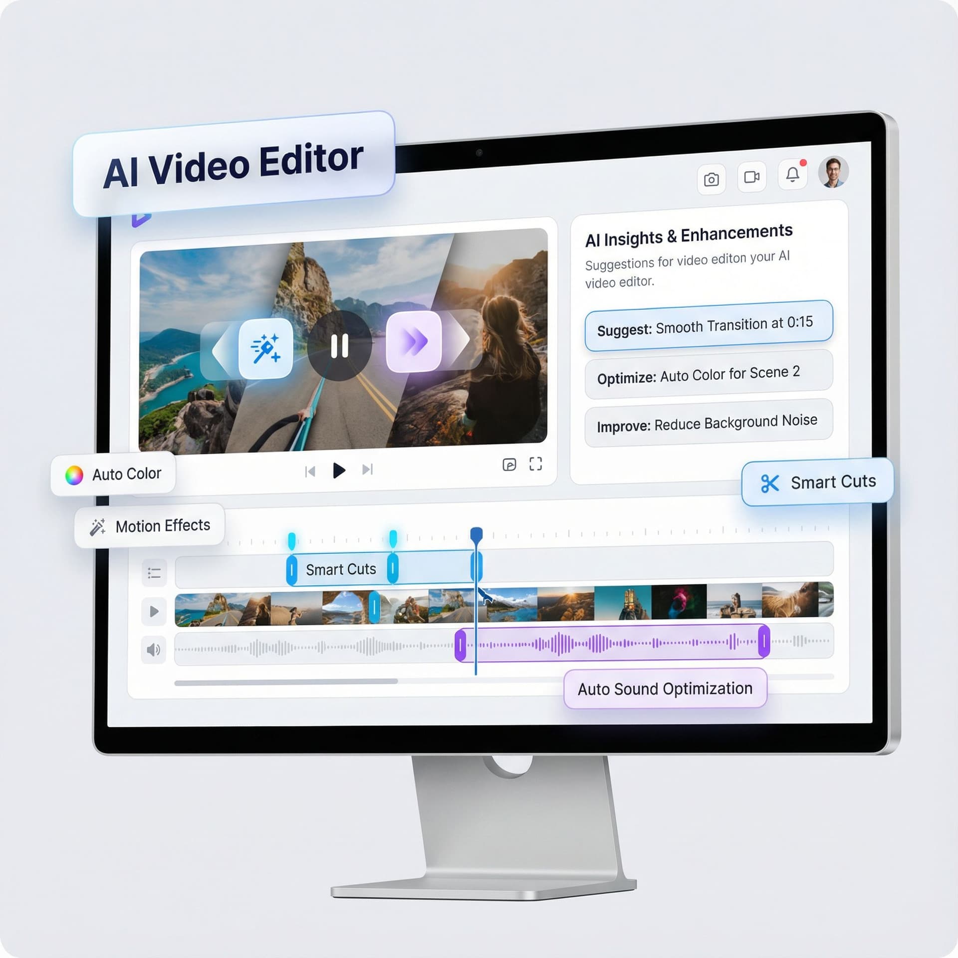 AI generated: Create a modern, realistic AI Video Editor dashboard for a SaaS website, in a light theme.
Show a cl...
