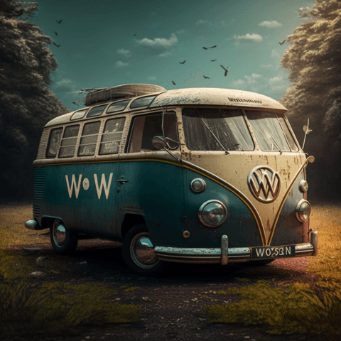 AI generated: Un combi Volkswagen vintage garé en bord de mer, sur une plage de sable avec quelques palmiers autou...