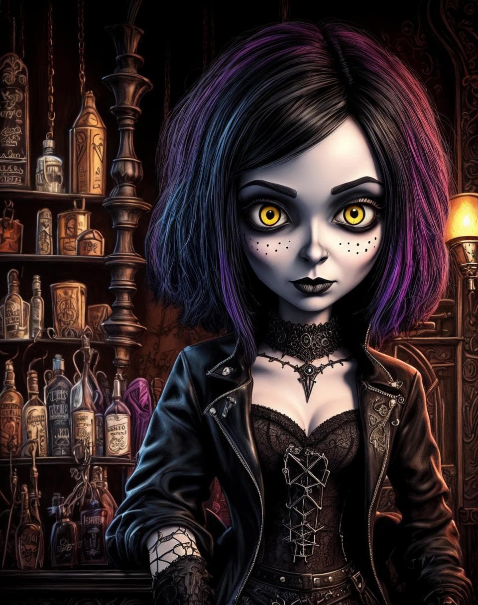 AI generated: image in gothic stop-motion technique, gothic bar, drawing, cartoon, professional artist, animation,...