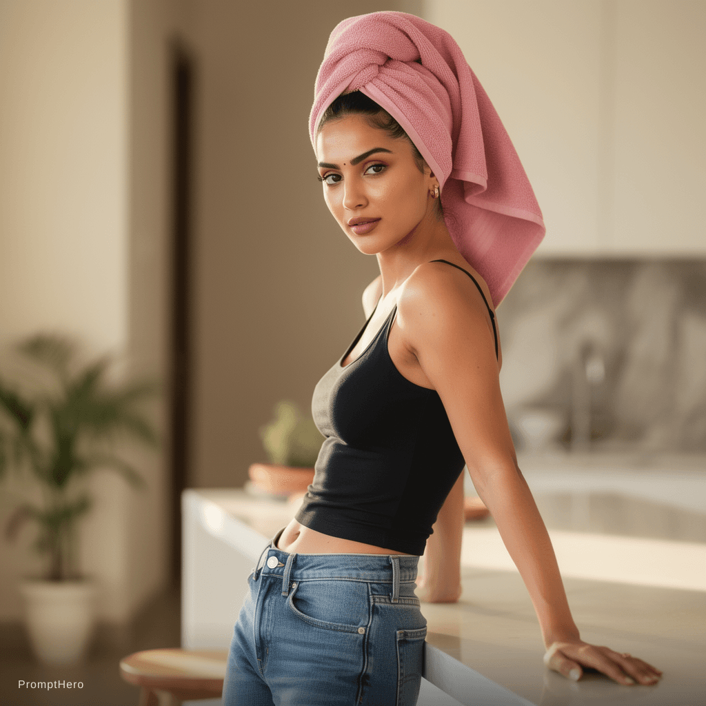 AI generated: Using the facial features of the attached image, create A woman in a pink towel turban and black hal...