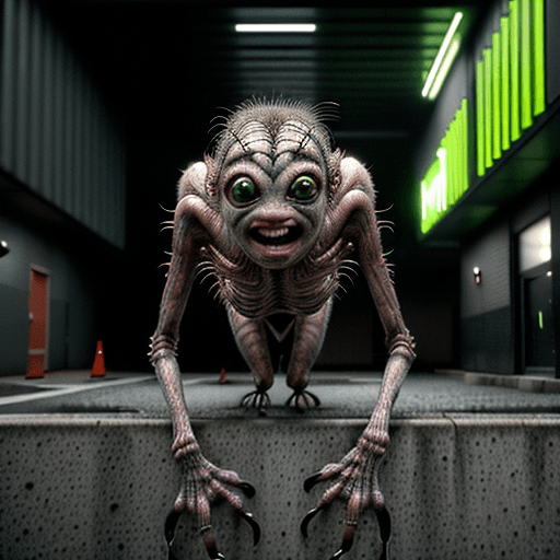 AI generated: creature crawling on a parking wall, mutation, in the style of the movie the fly by David Cronenberg...