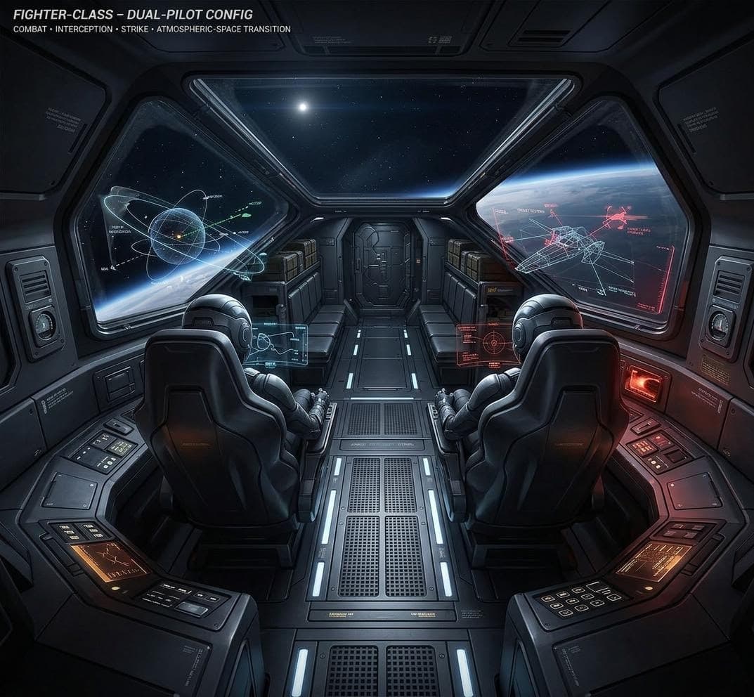 AI generated: Prompt:
A compact Fighter-Class starship dual-seated cockpit engineered for high-speed interception,...