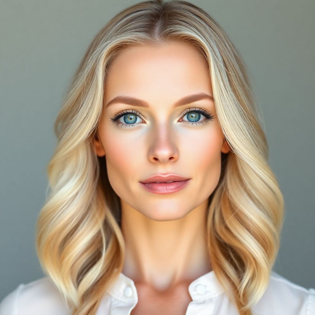 AI generated: Blonde woman, 26-30 years old, smooth and radiant fair skin, soft wavy blonde hair, bright blue eyes...