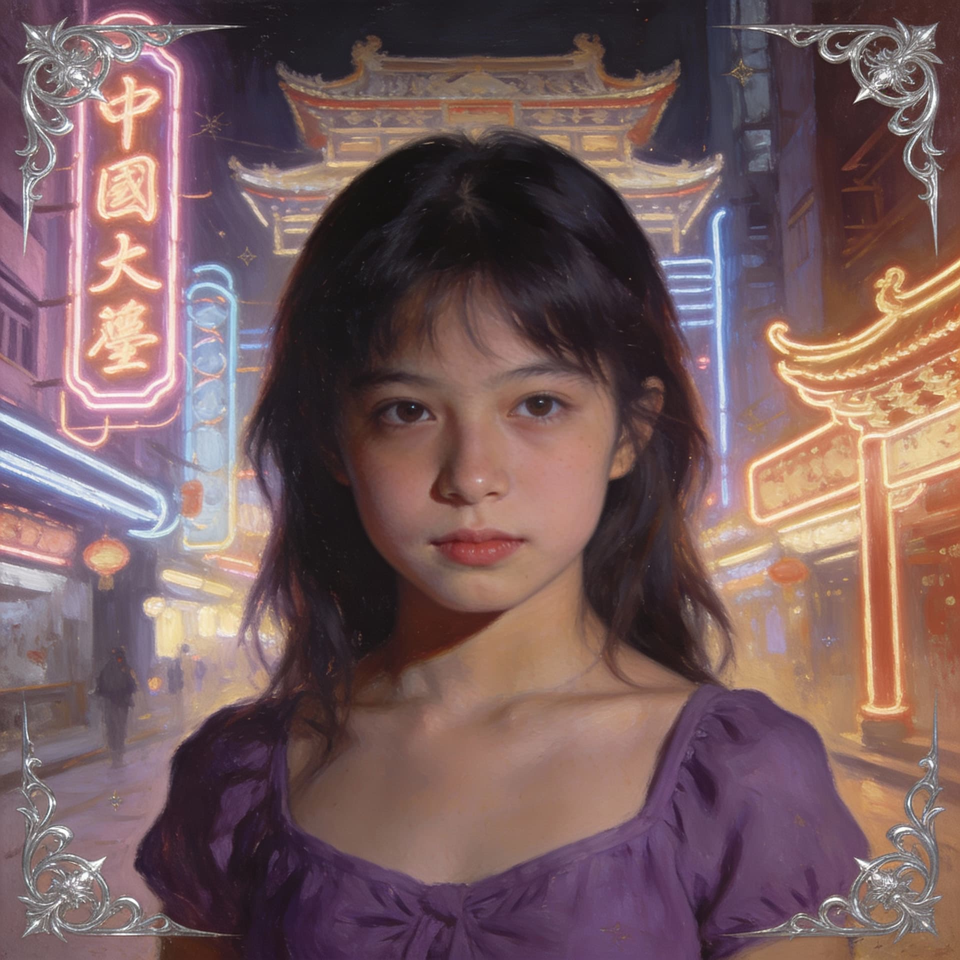 AI generated: a girl in a purple top in a neon city, in the style of chinapunk, iconic album covers, soft-focus po...