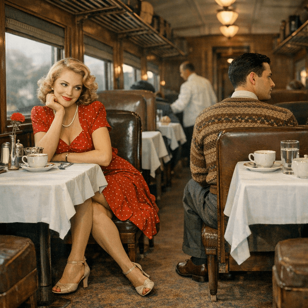AI generated: A beautiful blonde Russian woman is seated on one side of the aisle of a 1945 passenger train dining...