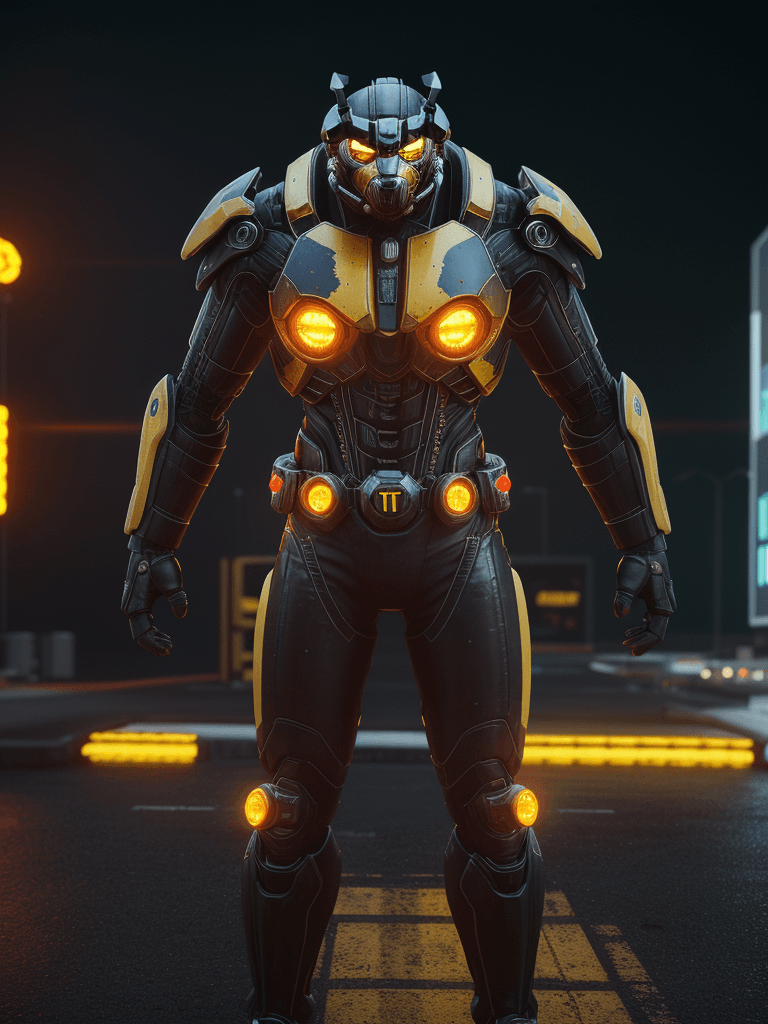 AI generated:  bumblebee , bright lights, night time, battered, medium angle, 8k, hyper realistic, focused, extrem...