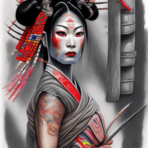AI generated: A colored-pencil art of a beautiful Aztec geisha ninja warrior.  Highly detailed. In the style of Ag...