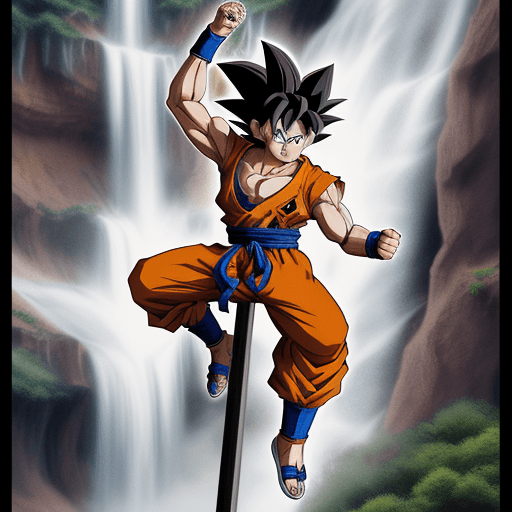 AI generated: goku, street art style, on the nimbus, a bit of grain, a water from a waterfall falling on him