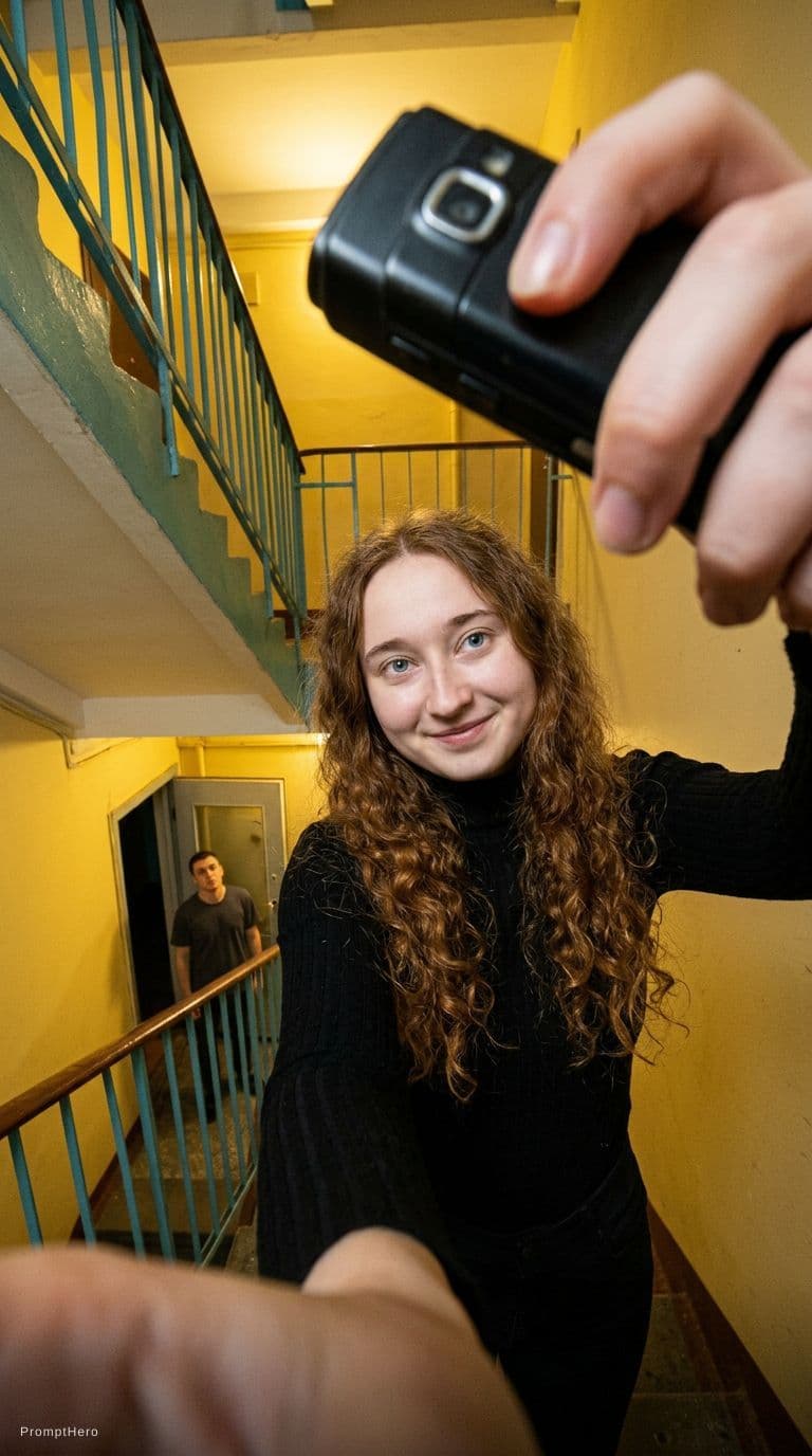 AI generated: Candid amateur poor quality selphie POV selfie, taken by the girl herself on a smartphone, vertical ...