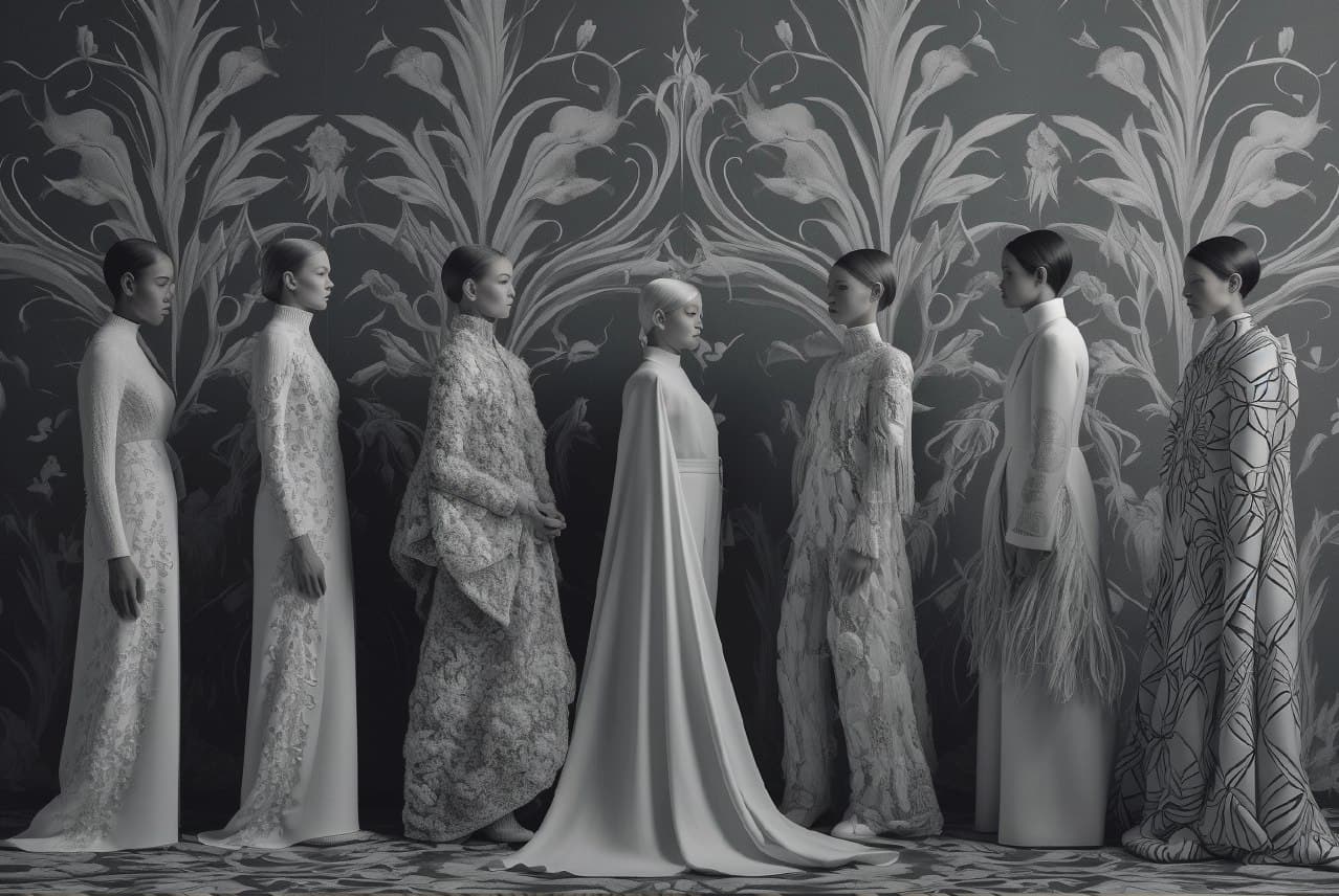 AI generated: a group of women standing next to each other, inspired by Alexander McQueen, in a dark corridor, sea...